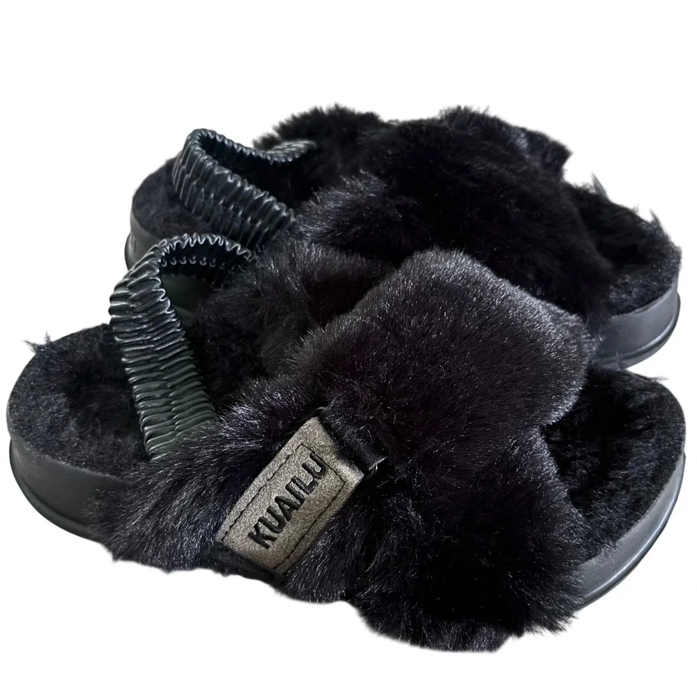 EUC KuaiLu Faux Fur Criss Cross Platform Sandals Sz 7 Black Comfort Orthotic